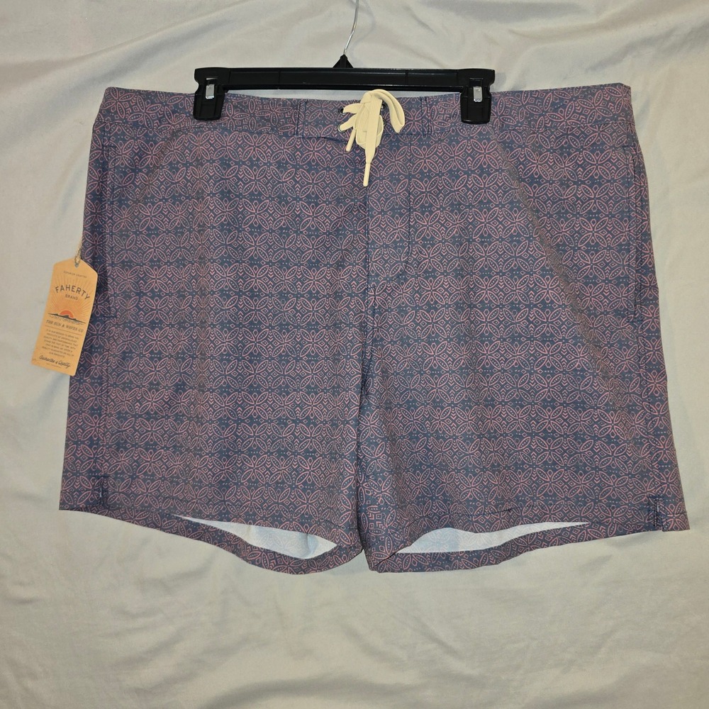 Faherty Biarritz Boardshort 40 Mens Blue Pink Geometric Stretch Swim Trunks NWT